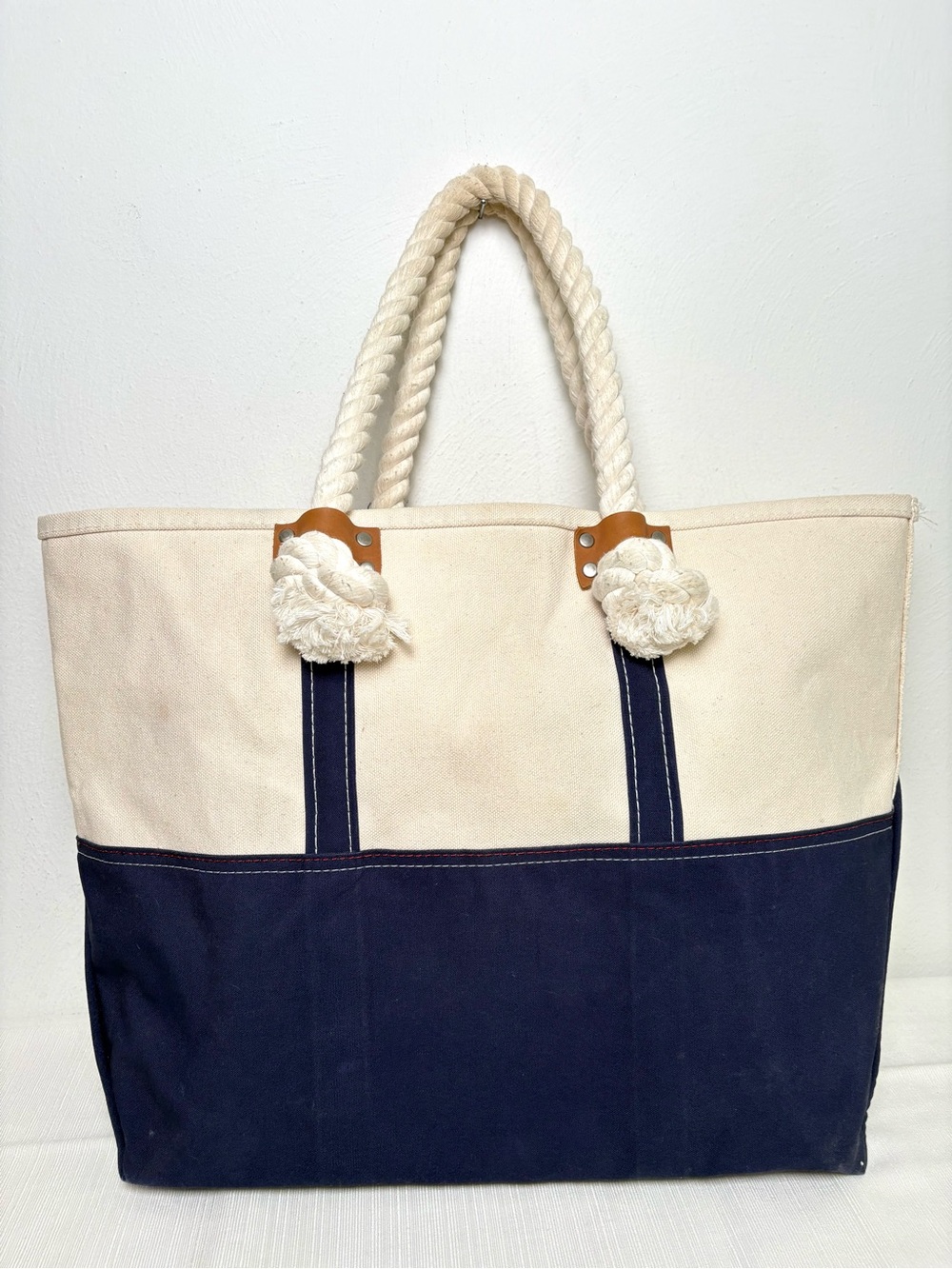 L.L. BEAN Signature Boat & Tote Canvas Bag w Rope & Leather Handles Nautical